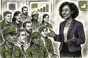 Diverse group of veterans and civilian professionals attentively listening to a woman speaker during a UX design presentation, with military personnel in green uniforms and civilians in professional attire, in a clean, modern setting with UX charts in the background.